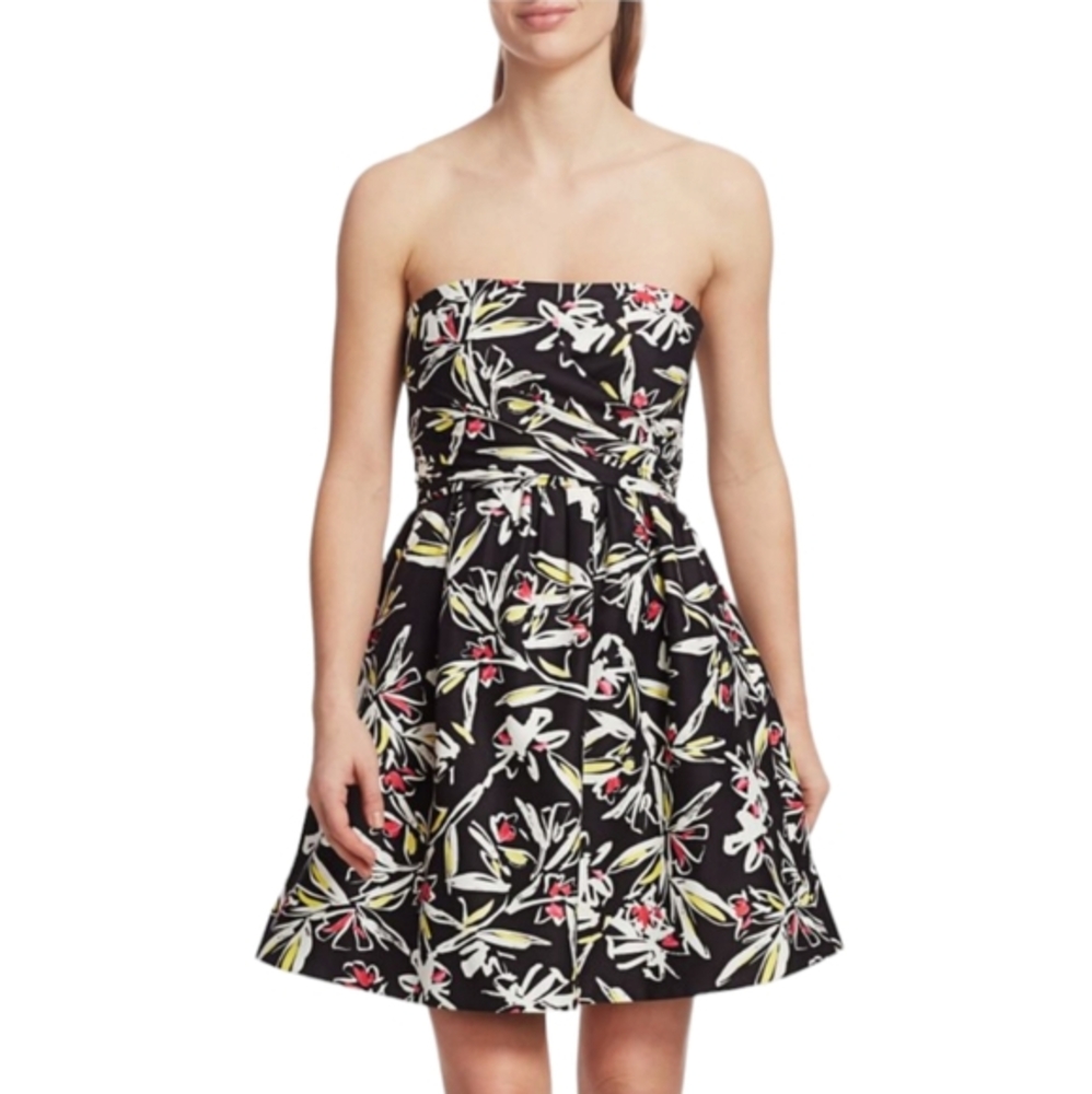 MILLY FIT & FLARE STRAPLESS PARTY DRESS-SIZE 2 BLACK WITH WHITE RED DESIGN